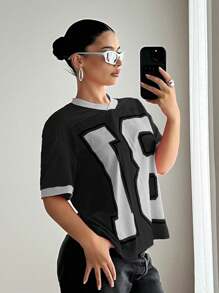 EgrlEra Women's Street Style Magenta Color Letter Print T-Shirt - Black - View 5