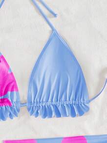 Swim Mod 春假女式 3 件套荷叶边露背系带比基尼套装，带花卉印花透视罩衫，海滩度假节波西米亚风装 - 彩色 - 查看 5