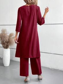 EMERY ROSE 2pcs Set: 3/4 Sleeve Shirt And Elastic Waist Long Pants - Hot Pink - View 2