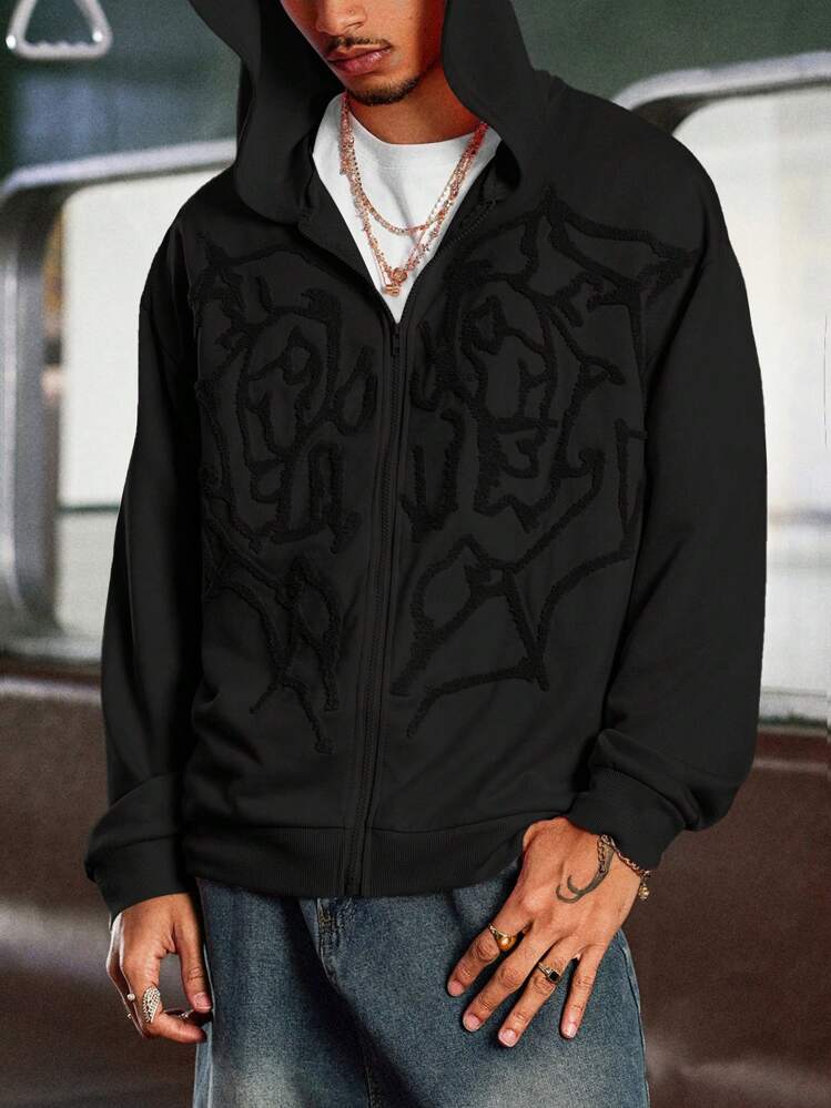 Manfinity Roghcode Manfinity Streetrush sweat-shirt à capuche zippé noir style de rue sombre pour hommes, sweat-shirt aux esthétiques gothiques de rock de rue, convient pour les festivals de musique et le quotidien. Un excellent cadeau pour les petits amis ou les maris, sweat-shirt zippé Y2k, automne - Noir - Voir 4