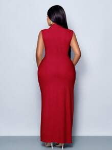 SOLERSUN 女士优雅纯色无袖立领扭花连衣裙，适合圣诞派对度假和约会和情人节约会 - 紅色 - 查看 6