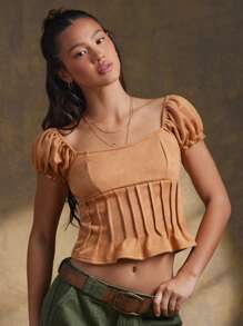 WESTFADE Top casual y lindo con cuello cuadrado, manga corta abullonada y arrugado, en estilo vaquero western para primavera