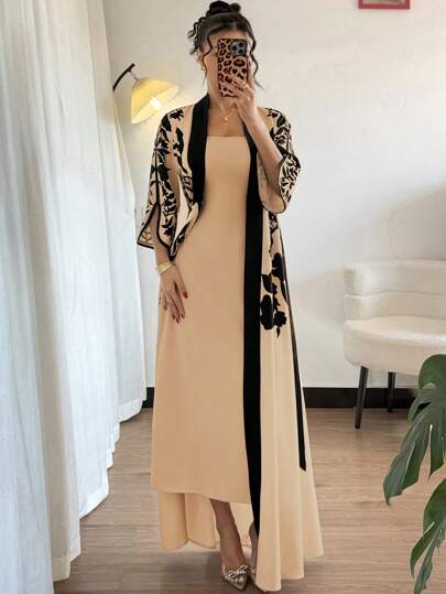 Rafferiza 女士优雅民族风印花 3/4 喇叭袖长款斗篷和连衣裙套装，2 件