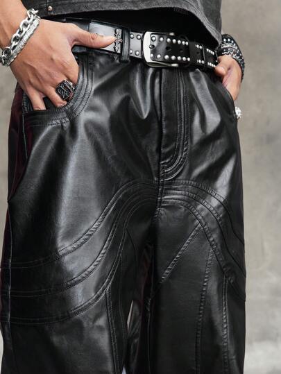 パンツ jentlouis Leather Pocket Baggy Our Grunge Punk Men's Grunge Solid Color PU Leather Pocket Baggy