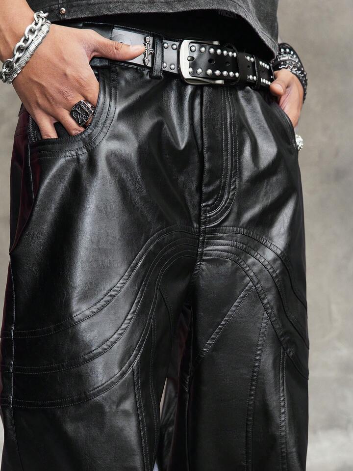 Our Grunge Punk Men's Grunge Solid Color PU Leather Pocket Baggy