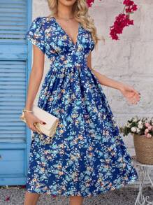 SHEIN Clasi Women's Pink Ditsy Floral Elegant Waist Cinched Cap Sleeve Midi Dress, Vacation,Summer Dresses For Women - Navy Blue - View 5