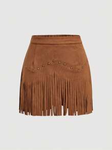 SHEIN MOD Plus Size Women Vintage Hippie Rivet Fringe Brown Suede A-Line Skirt, Nashville Costume, Pirate Skirt, Vintage Brown Suede Fringe Sleeveless Top, Music Festival, Set,Western Wear Women