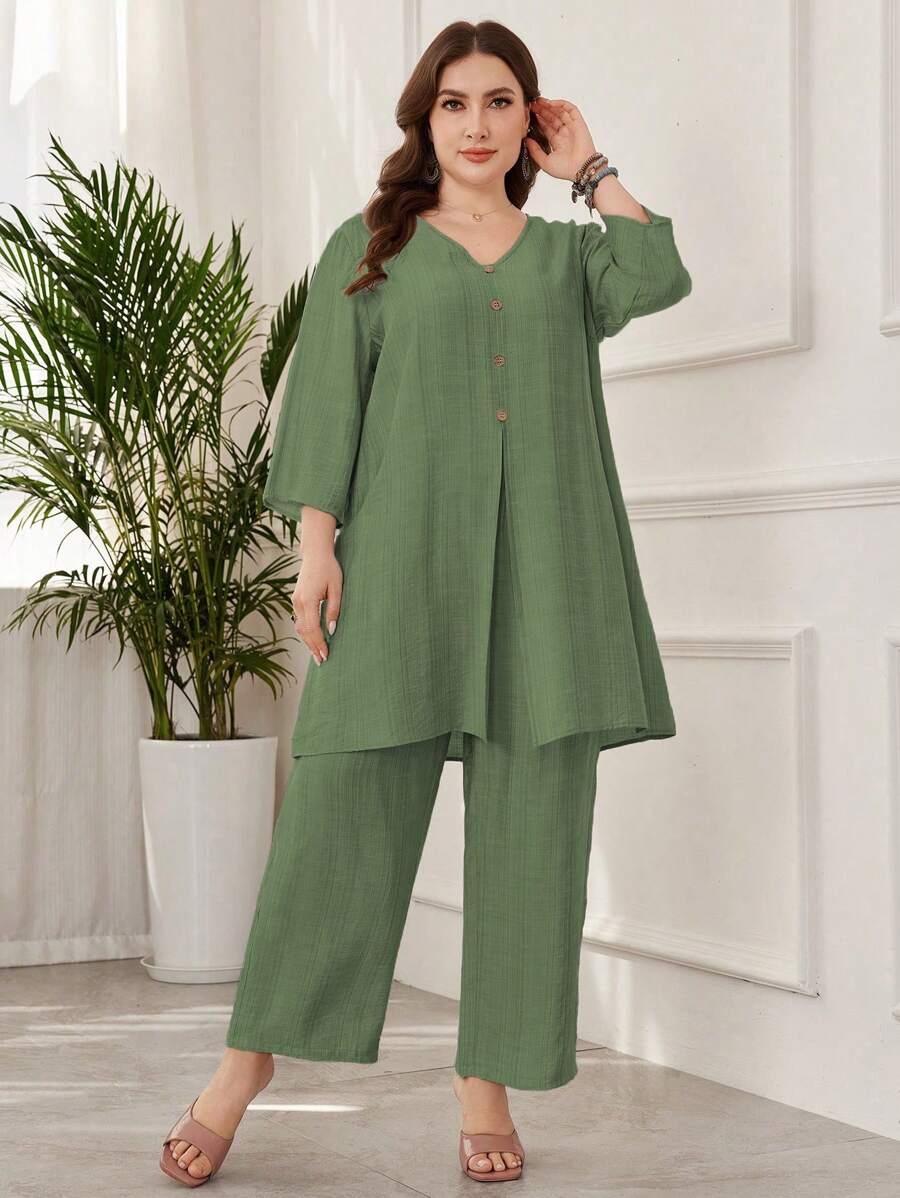 Lacomfia Set de 2 piezas de talla grande de unicolor con blusa de manga larga y pantalones, minimalista y a la moda, apto para el verano - Verde - Ver 1