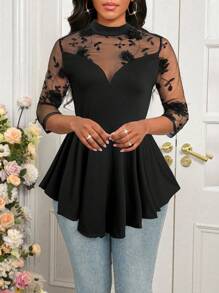 SHEIN Lady 白色提花网眼拼接荷叶边下摆设计修身优雅女式 T 恤 - 黑色 - 查看 3