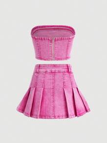 SHEIN Bộ váy denim ép ly không dây Y2K thời trang dành cho bé gái tuổi teen, trang phục dạo phố mùa xuân và mùa hè cho bé gái - Hồng - Xem 2