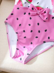 Young Girl' One-Piece Swimsuit New Arrivals, Cute Asymmetric Watermelon Print Color Blocking With Flutter Sleeve And Bow Accent, Suitable For 4-7 Years Old Girls To Wear On Beach Vacation Or Swimming Pool Toddler Girl Clothes Set Toddler Girls Outfit Sets Toddler Girl 5t - Multicolor - View 6