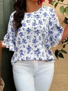 SHEIN Holidaya Camisa casual de cuello redondo con decoración de lazo, estampado aleatorio en talla grande - Azul y blanco - View 4
