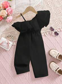 Baby Girly Cute Black Ruffled Strap Jumpsuit, Summer - Black - View 1