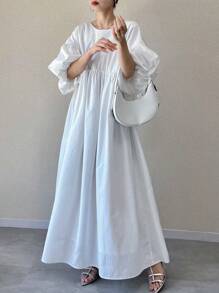 FRIFUL Vestido largo holgado de unicolor con escote en V en el frente y la espalda, mangas farol, y detalle de volantes en el escote, en estilo de vacaciones, para primavera/verano