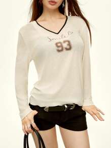 Rina Fox 女士字母与数字印花长袖休闲 T 恤 - 杏色 - 查看 5