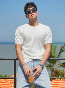 DAZY Summer Casual Versatile Solid Color Textured Fabric Men T-Shirt - White - View 1