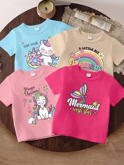 SHEIN 4pcs/Set Young Girl Cute Cartoon Unicorn And Letter Print Short Sleeve T-Shirt, School, Campus, College