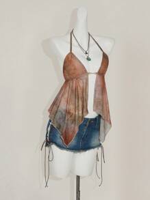 SHEIN ICON Damen Urlaubs Sexy Mesh Glockenärmel Neckholder Top Boho Abschluss Ostern Festival Flughafen, Rave Top, durchsichtiges Top