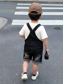 Young Boys Vintage Washed Black & Grey Classic Distressed Rolled Hem Denim Suspender Shorts, Casual & Simple Design