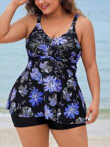 Swim Lushoire Vestido de baño informal con estampado floral y pantalones cortos para mujer de talla grande