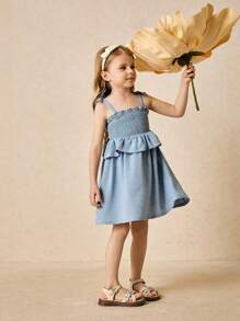 SHEIN Vestido elegante azul con volantes y tirantes para niña, primavera/verano - Azul - Ver 4