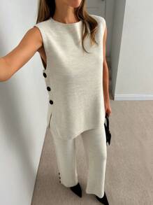 EURMUSE Elegancki zestaw tuniki i spodni z bocznymi guzikami, dzianinowe komplety