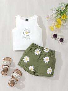SHEIN Playful Pals 2pcs Baby Girls Outfit Set: White Floral Print Tank Top + Green Loose Elastic Waist Denim Shorts, Cute & Comfortable - White - View 3