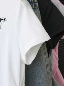 SHEIN 女士蝴蝶结印花圆领短袖褶皱休闲 T 恤 - 白色 - 查看 4