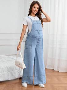 SHEIN 孕妇休闲洗水牛仔背带裤 - 淺色水洗藍 - 查看 1