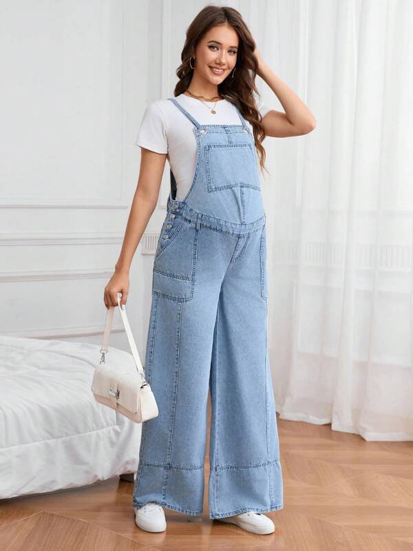 SHEIN Maternity Casual Washed Denim Bib Leg Pants  Summer Outfits For Women Festival Outfits  Jean Overalls Women