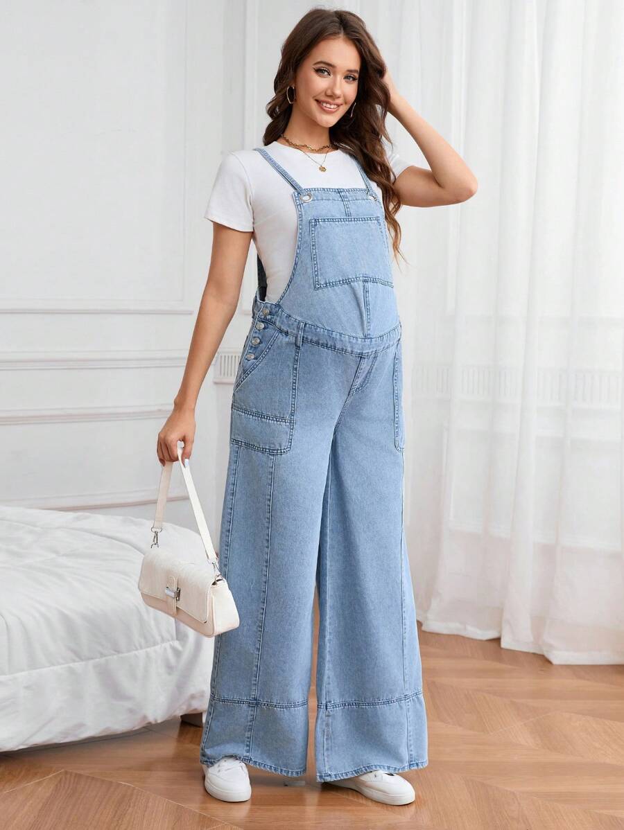 SHEIN 孕妇休闲洗水牛仔背带裤 - 淺色水洗藍 - 查看 1