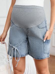 SHEIN Maternity Casual Washed Denim Cargo Shorts  Summer Outfits For Women Festival Outfits Bermude Shorts - Light Wash - View 3