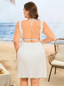 Swim Lushoire Robe cache-maillot en dentelle blanche style casual et sexy pour femmes grande taille, pour la plage et les vacances - Blanc - Voir 2