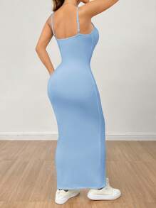 SHEIN PETITE 女士基本款白色细肩带连衣裙 - 淺藍色 - 查看 2