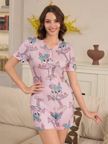 SHEIN Women's Light Pink Solid Base Super Cool Rabbit Spiral Print Short Sleeve Romper - Baby Pink - View 3