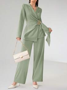 Heiryn Women's Fashion Metal Decor Wrap Blazer Jacket, Suitable For Work Commute In Fall/Winter - Green - View 6