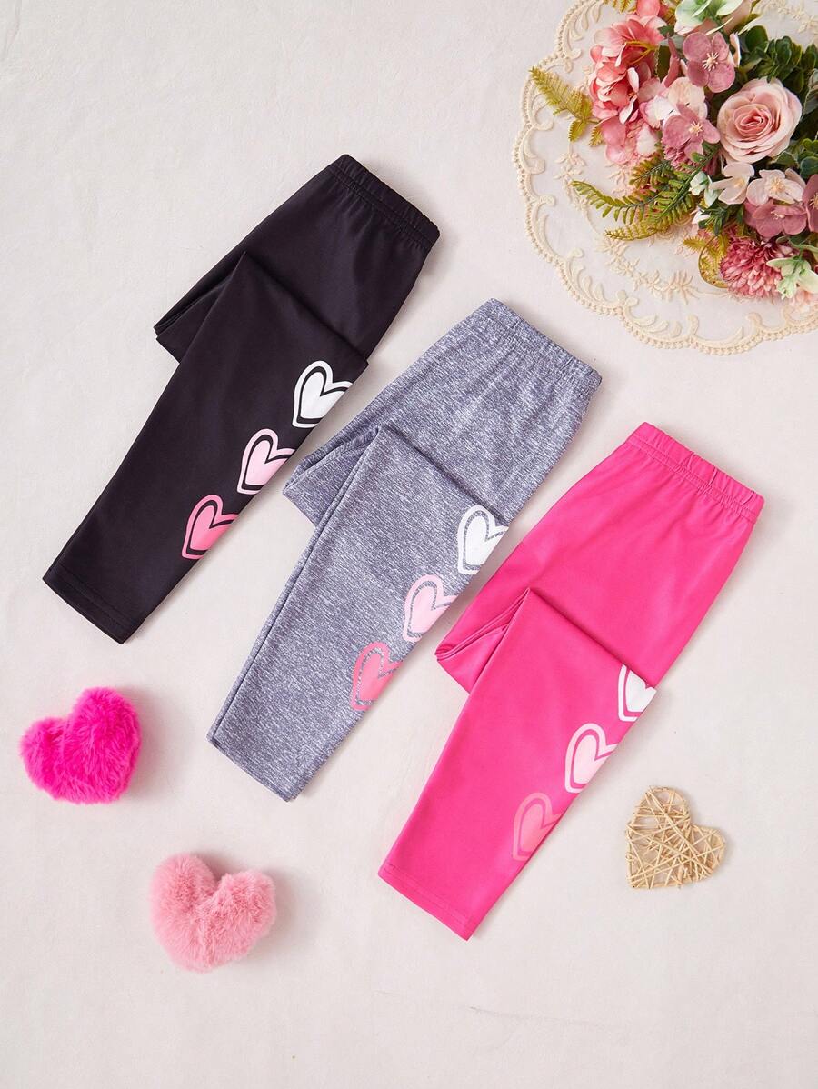 SHEIN Set de 3 piezas de mallas largas de capa base con estampado de corazones de unicolor sencillo y lindo para niña - Multicolor - Ver 1