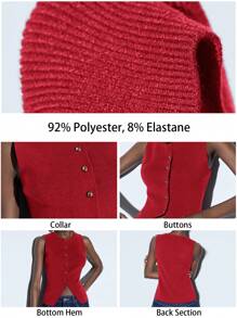 Maija Women's Red Solid Color Early Spring Round Neck Front Metal Button Decor Sleeveless Simple Stylish Versatile Knit Sweater Top, Casual Daily Wear Festival,Going Out Tops Women - Red - View 2