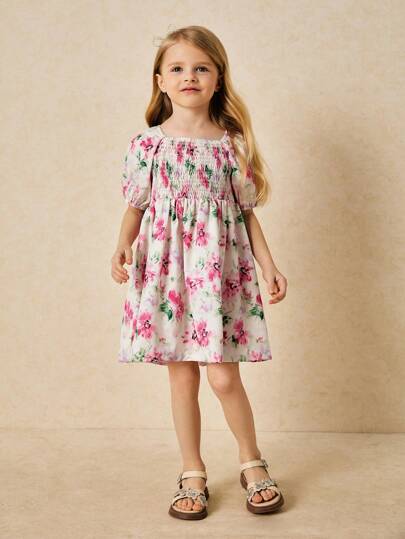 SHEIN 年轻女孩优雅粉色花卉印花编织连衣裙，春/夏