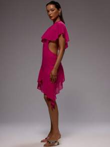 MUSERA Ruffle Cut Out Sides Dress Spring Summer Vacation Elegant Wedding Guest Graduation Formal - Hot Pink - View 2