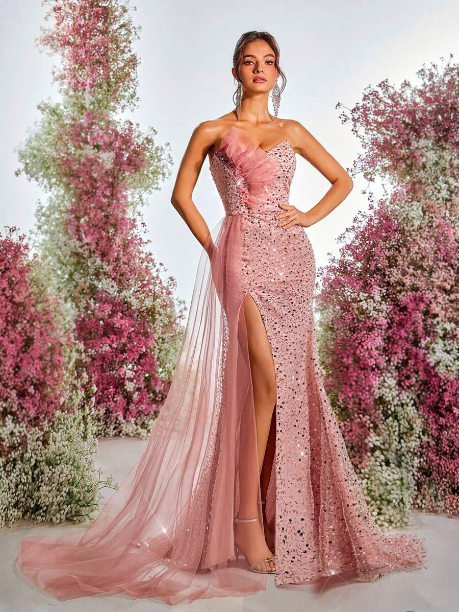 Glamrae Elegant Pink Strapless Luxury Sequined Mesh Patchwork Shell ...