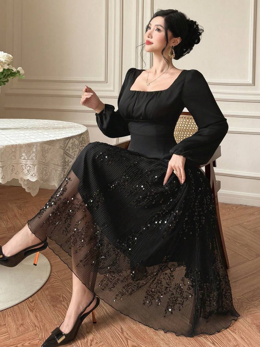 DAZY 春季婚礼宾客优雅方领泡泡袖拼接中长连衣裙，秋季长袖连衣裙，奢华亮片舞会礼服 - 黑色 - 查看 1