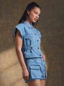 WESTFADE Collared Button Front Patch Pocket Western Utility Tapered Waist Cropped Denim Vest Spring Summer Vacation - Light Wash - View 3