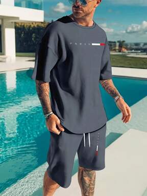 Manfinity Homme Herren Sommer Lässig T-Shirt mit Buchstaben-Muster und Shorts Set, Lässig Zweiteiliges Set für Herren