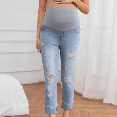 임산부용 워싱 훼손 슬림 핏 청바지