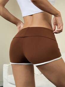 Flirla New Casual Elastic Waist Contrast Color Cuff Shorts For Women - Brown - View 2