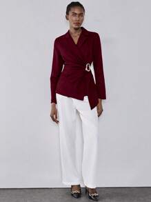 Lumivelle Women's Elegant Red Violet Woven Fabric Blazer: Long Sleeve, Lapel Neckline, And Asymmetrical Hem With Wrap Details Fall Cloth For Women - Red Violet - View 3