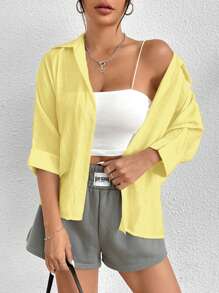 SHEIN PETITE Spring White Solid Batwing Sleeve White Shirt - Yellow - View 4