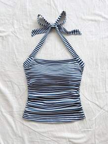 Soleia Nuevo estilo de atuendo de verano con moño, tiras y tejido de punto para la playa, festival de música western, estilo bohemio vintage, top de tirantes de canesú plisado a rayas