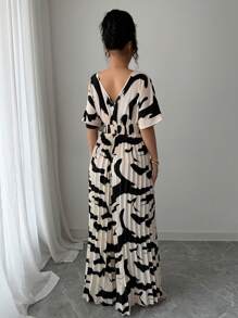 Elenzga Women's Solid Color Deep V-Neck Batwing Pleated Jumpsuit, Elegant - Multicolor - View 2